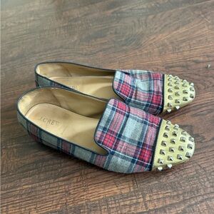 J. Crew Red Plaid Loafers with Gold Studs